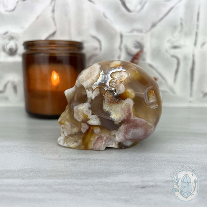 Polished Flower Agate Skull Carving
