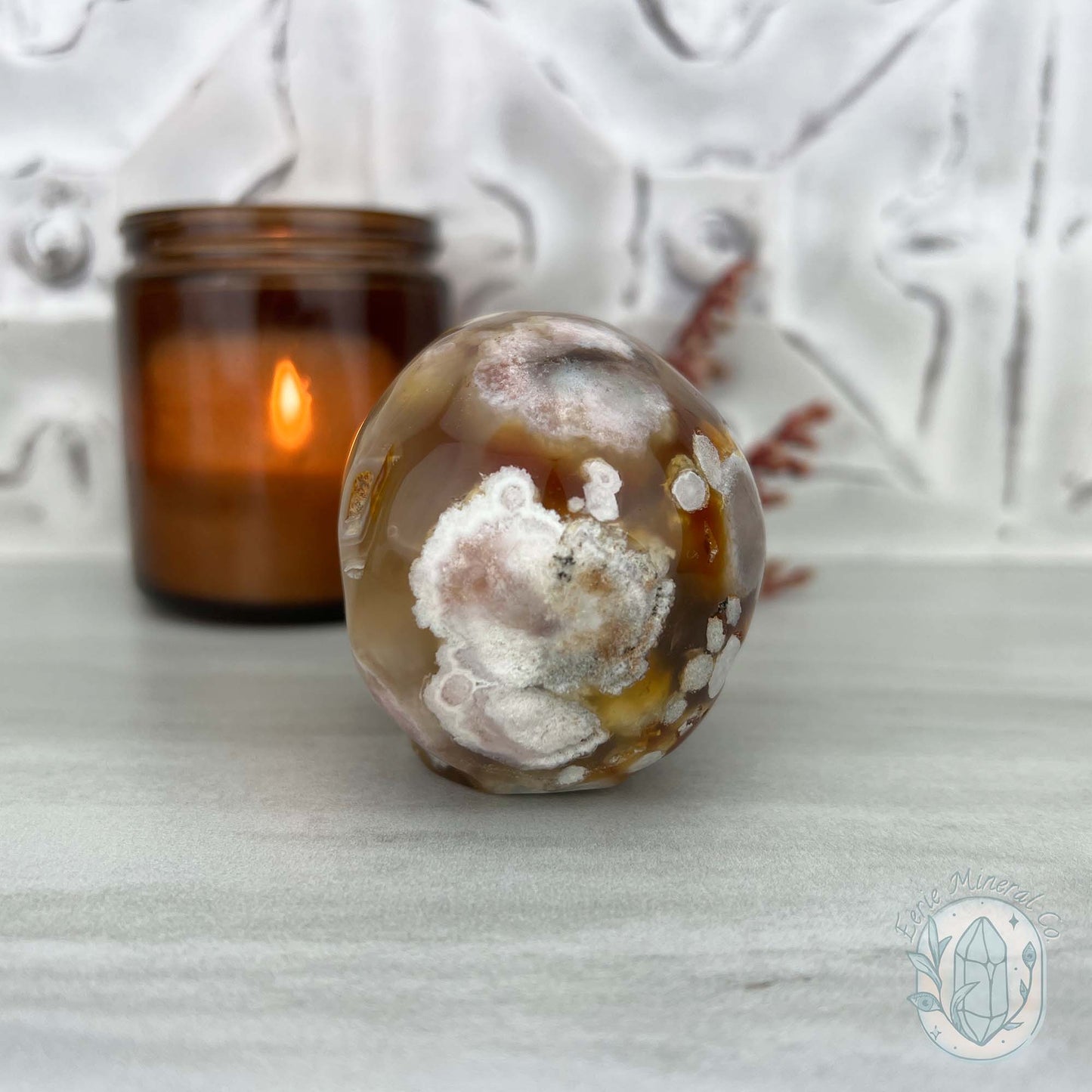 Polished Flower Agate Skull Carving