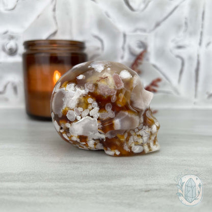 Polished Flower Agate Skull Carving