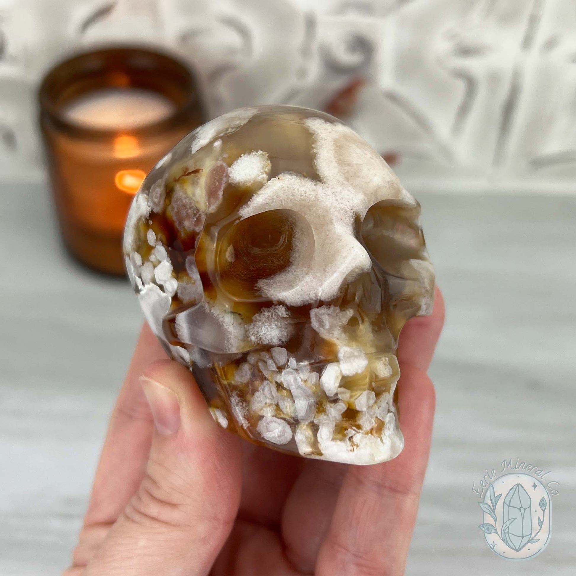 Polished Flower Agate Skull Carving