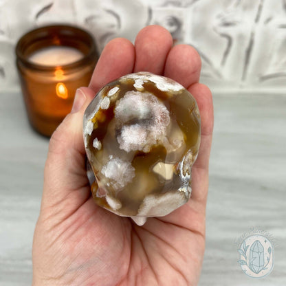 Polished Flower Agate Skull Carving