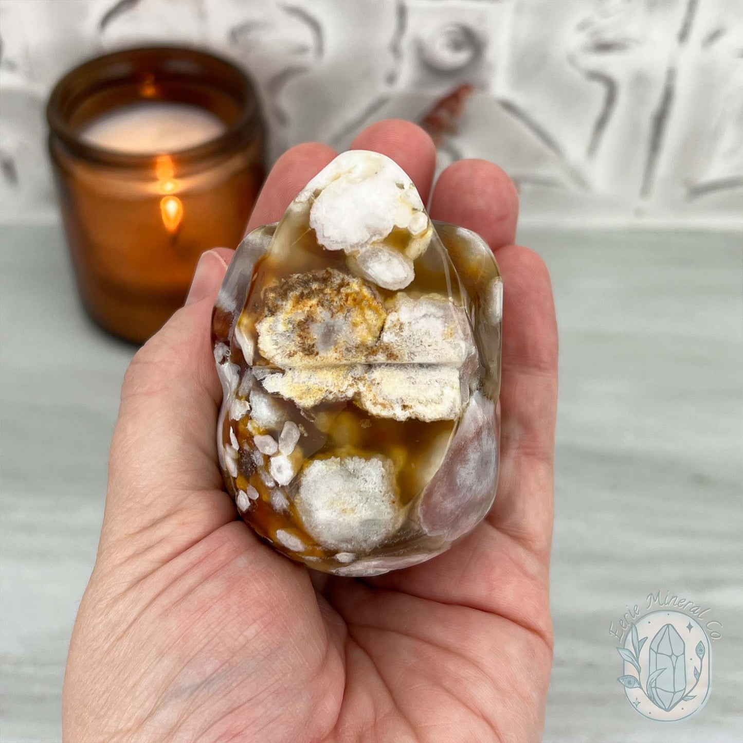 Polished Flower Agate Skull Carving