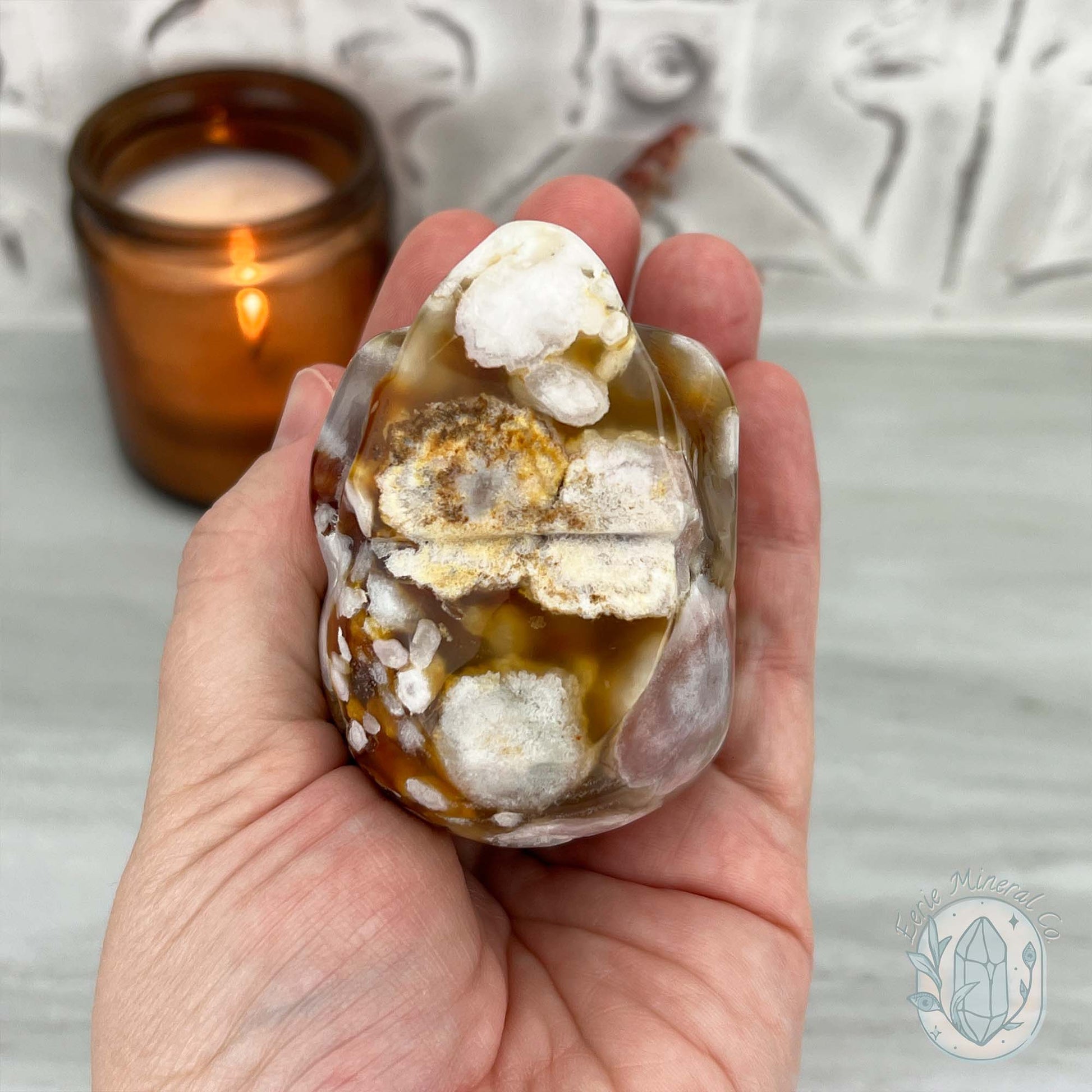 Polished Flower Agate Skull Carving