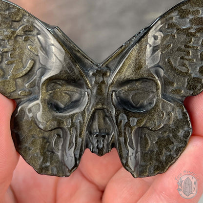 Gold and Silver Sheen Obsidian Death's Head Moth Carving