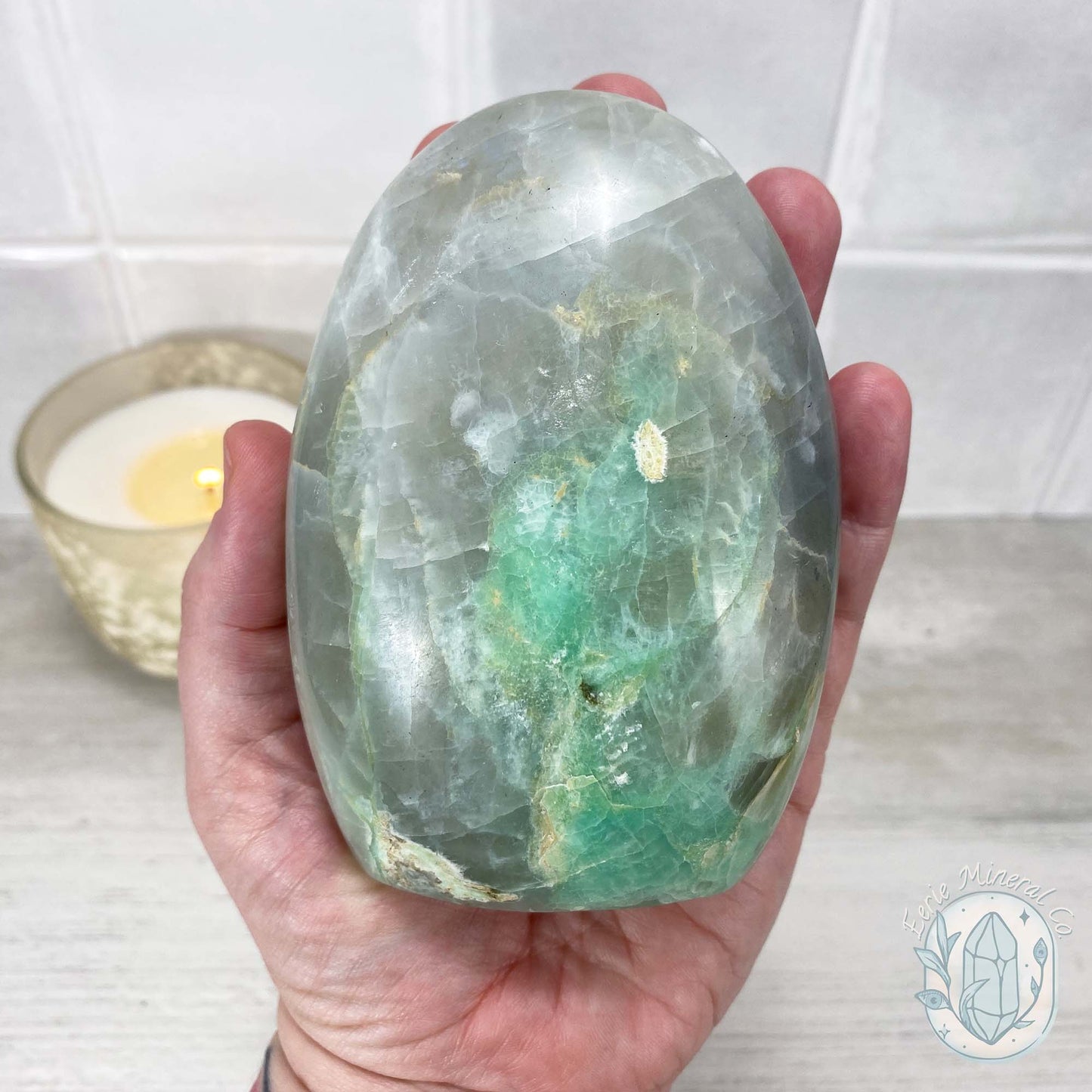 Polished Green Moonstone (Garnierite Stone) with Blue Flash Freeform
