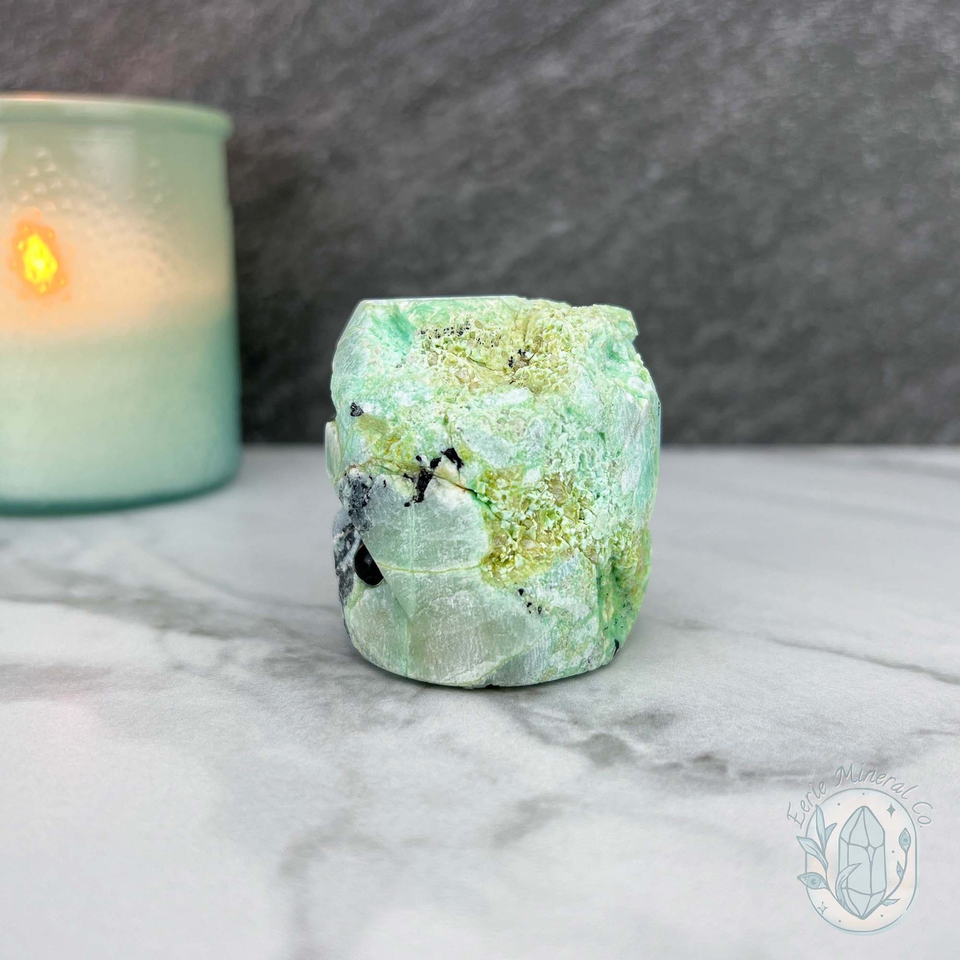 Green Moonstone with Black Tourmaline Hedgehog Specimen