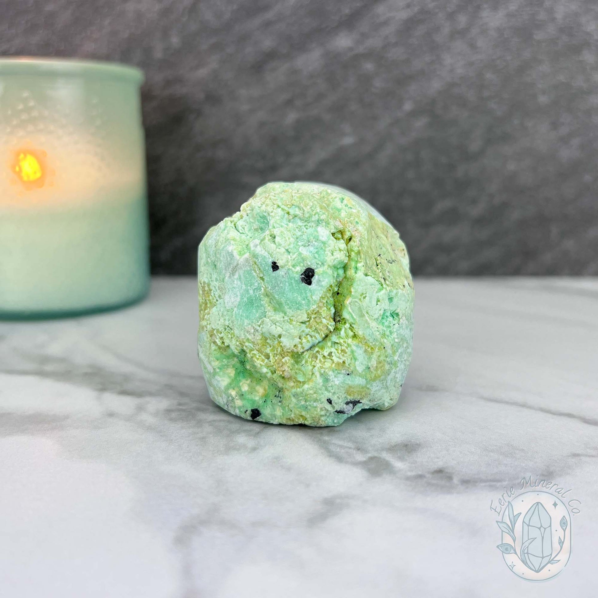Green Moonstone with Black Tourmaline Hedgehog Specimen