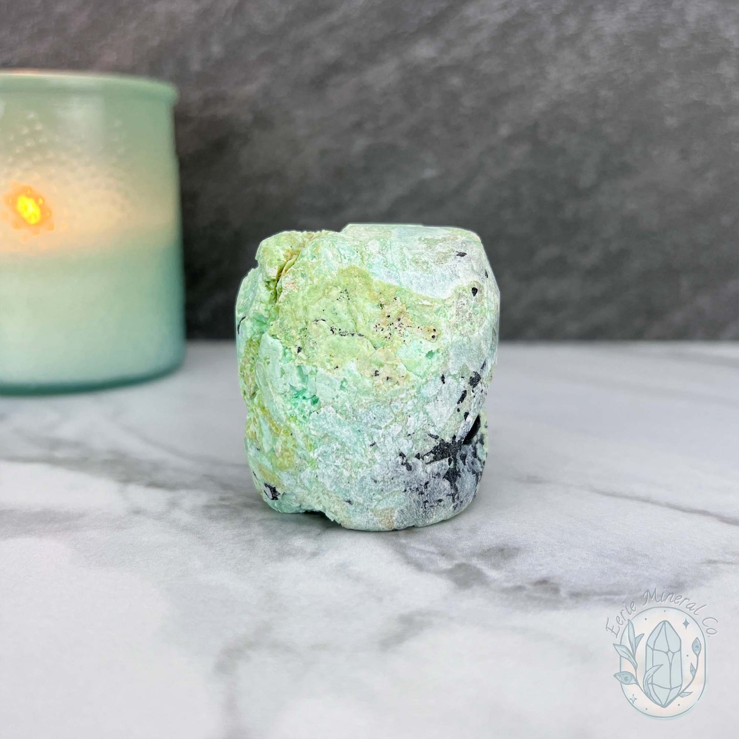Green Moonstone with Black Tourmaline Hedgehog Specimen
