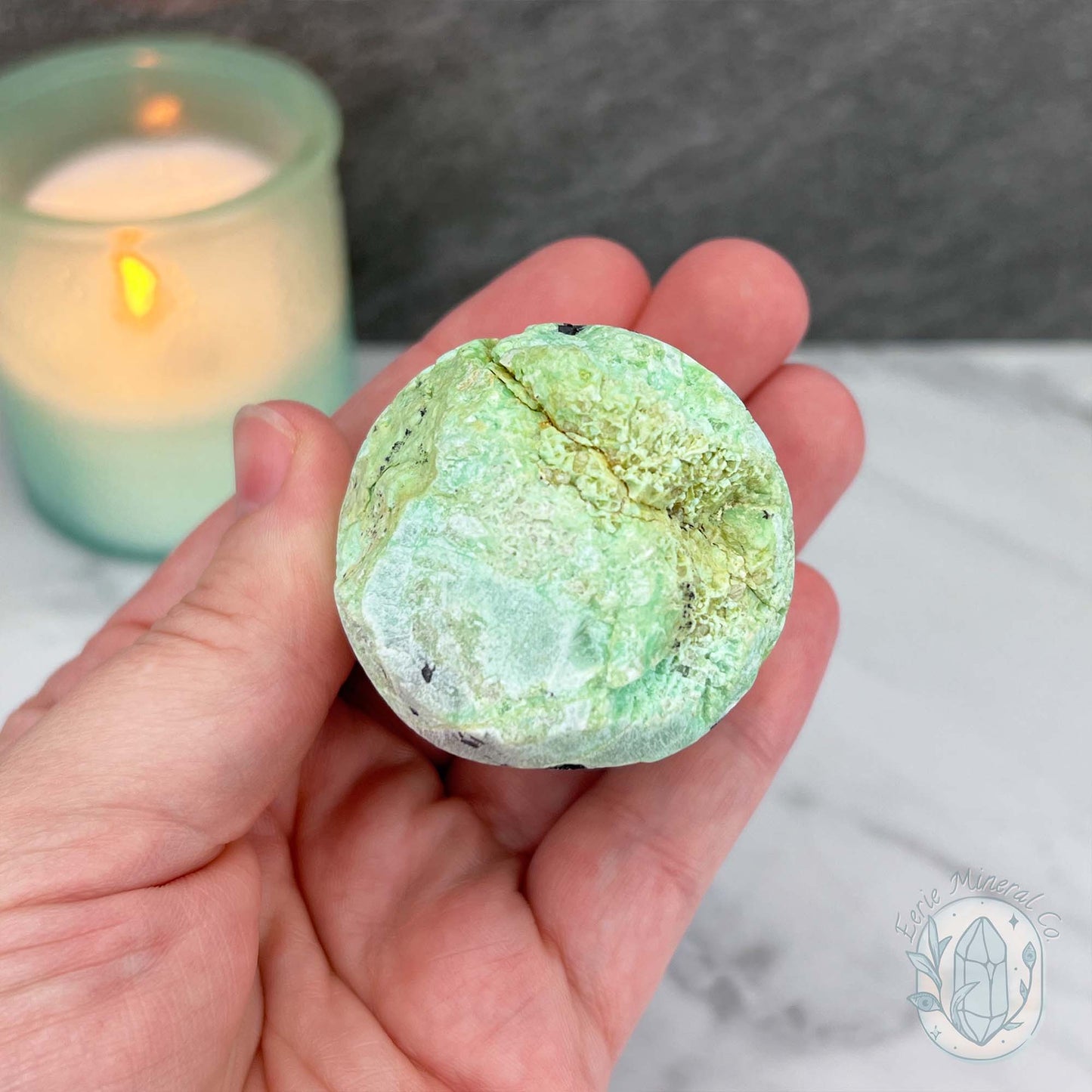 Green Moonstone with Black Tourmaline Hedgehog Specimen