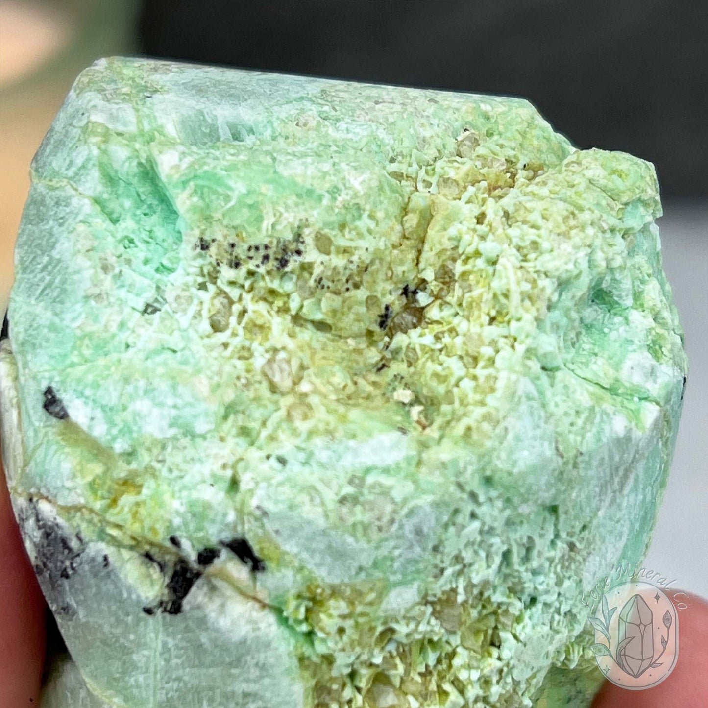 Green Moonstone with Black Tourmaline Hedgehog Specimen