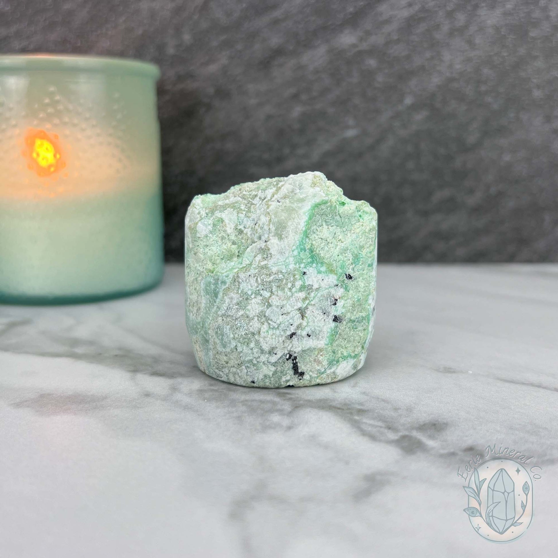 Green Moonstone with Black Tourmaline Hedgehog Specimen