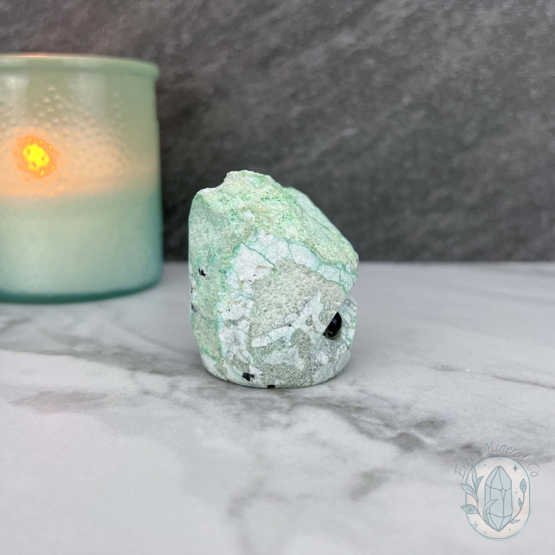 Green Moonstone with Black Tourmaline Hedgehog Specimen