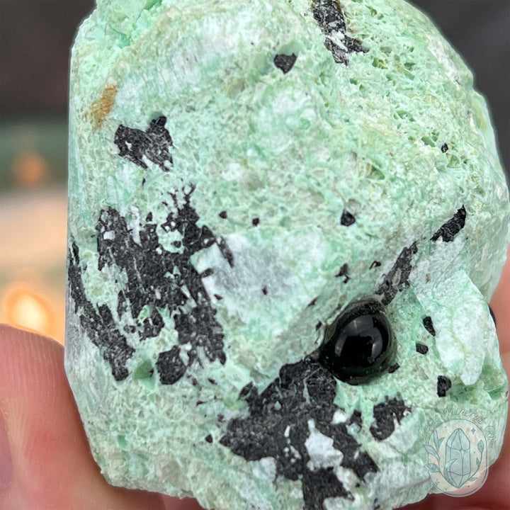 Green Moonstone with Black Tourmaline Hedgehog Specimen