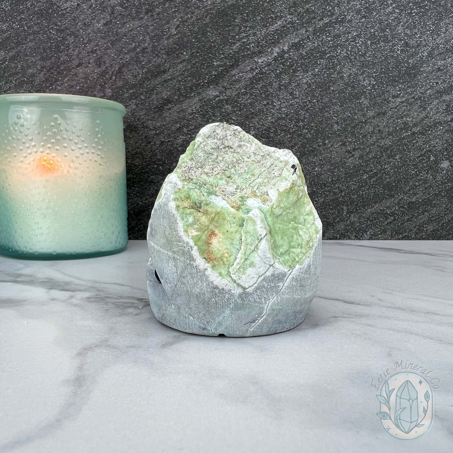 Green Moonstone with Black Tourmaline Hedgehog Specimen