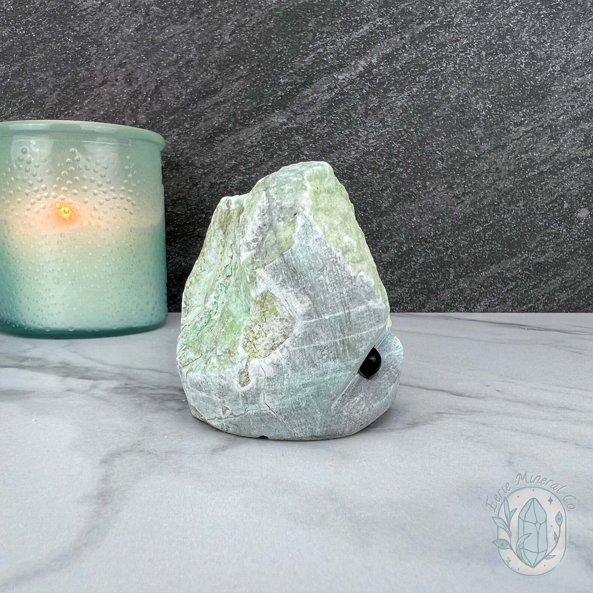 Green Moonstone with Black Tourmaline Hedgehog Specimen