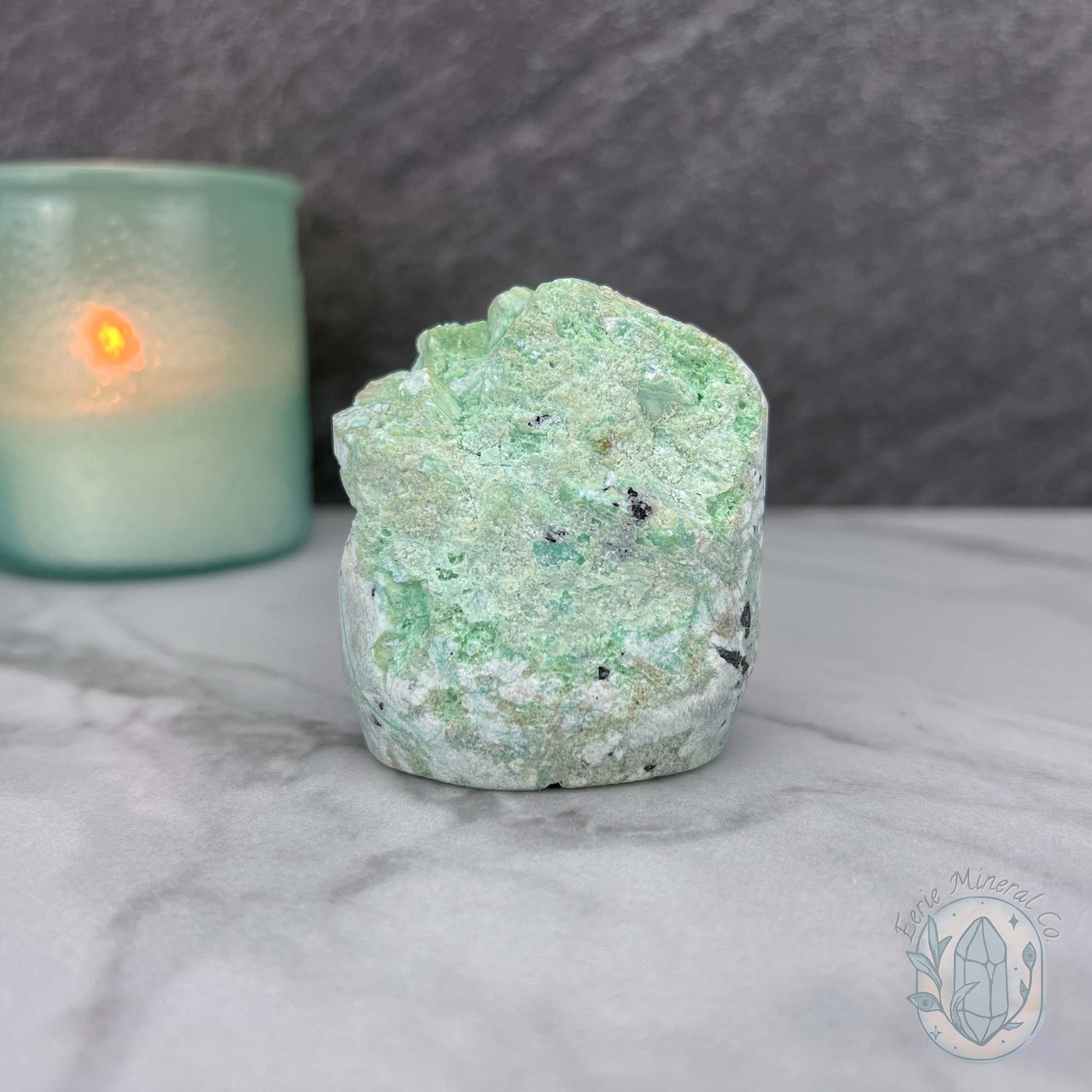 Green Moonstone with Black Tourmaline Hedgehog Specimen