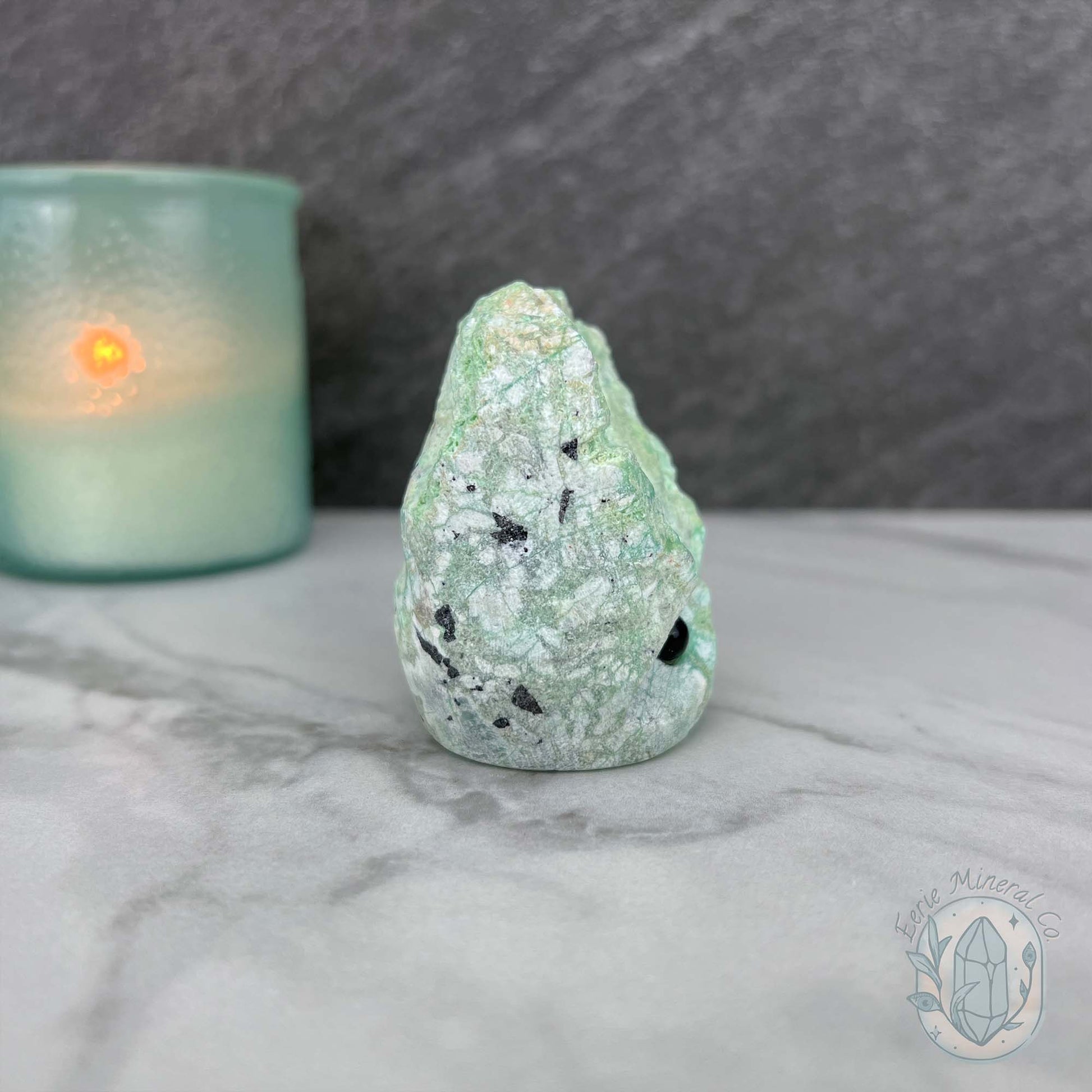 Green Moonstone with Black Tourmaline Hedgehog Specimen