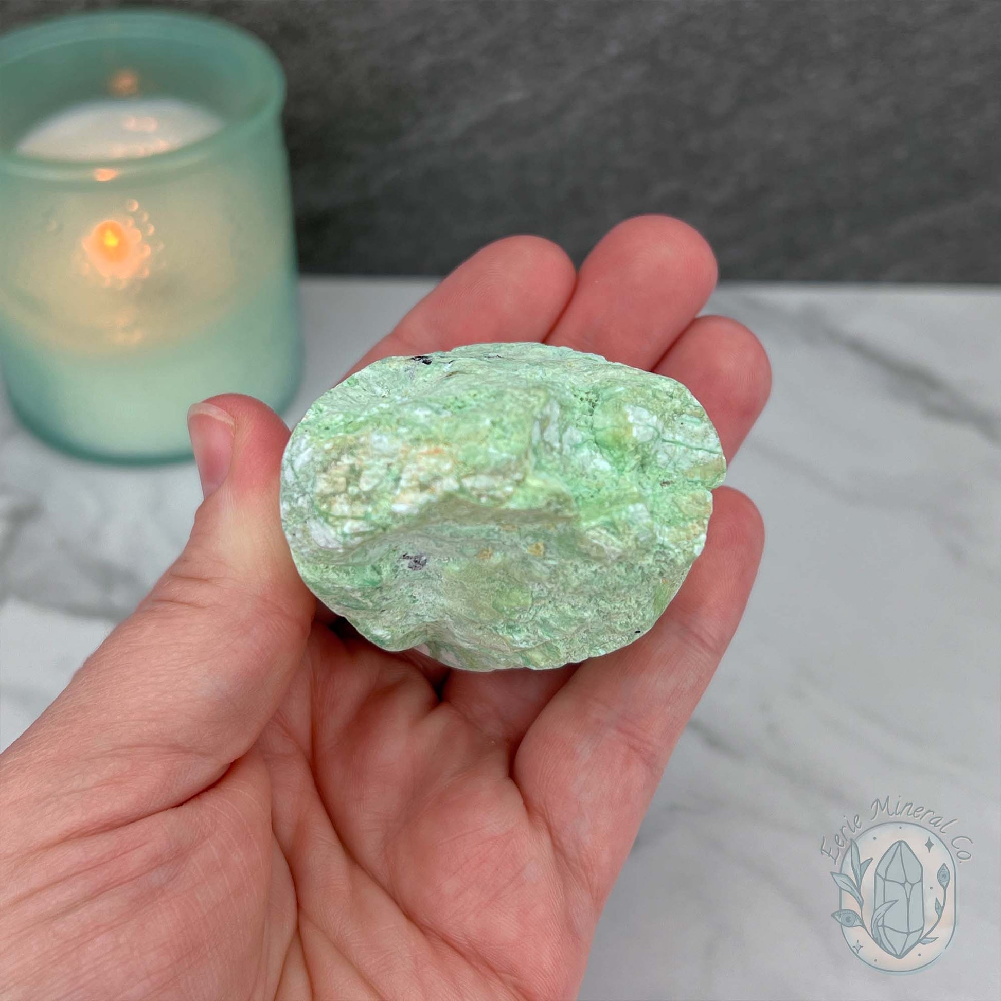 Green Moonstone with Black Tourmaline Hedgehog Specimen