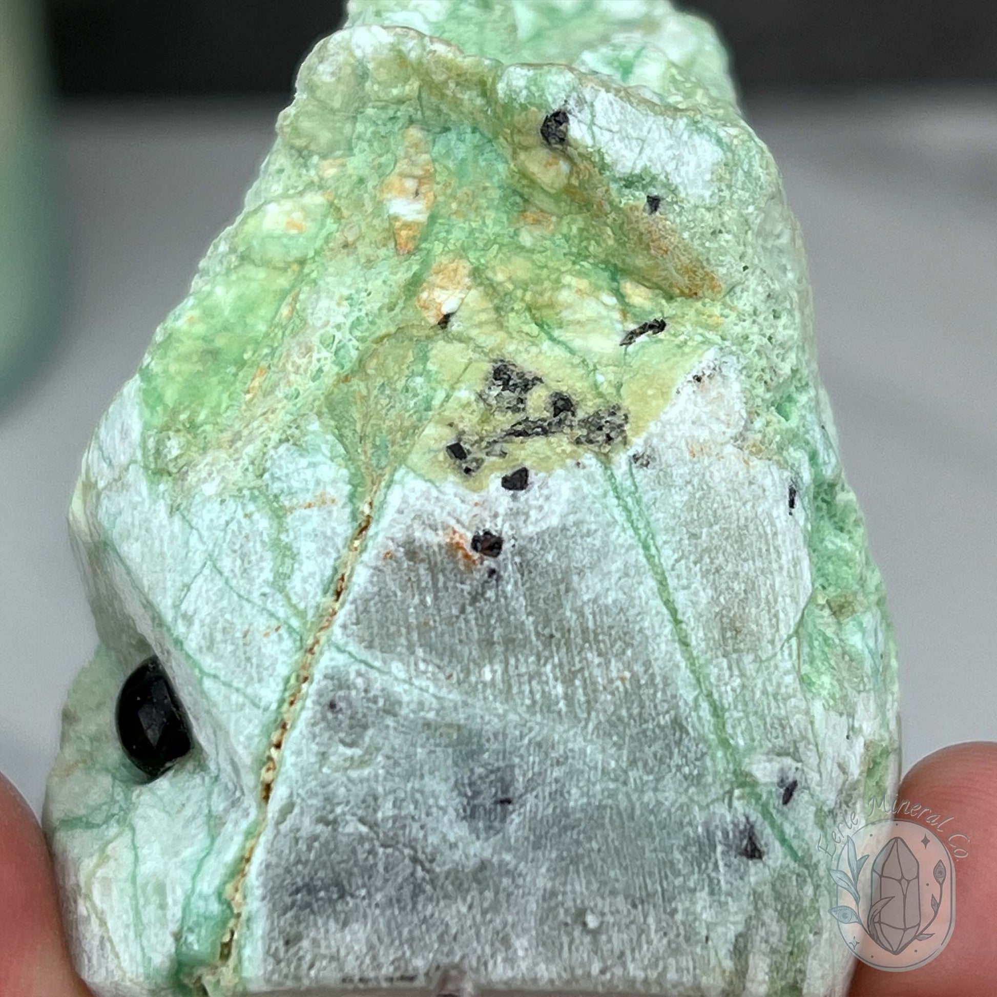 Green Moonstone with Black Tourmaline Hedgehog Specimen