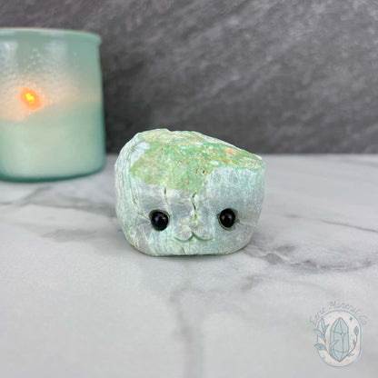 Green Moonstone with Black Tourmaline Hedgehog Specimen