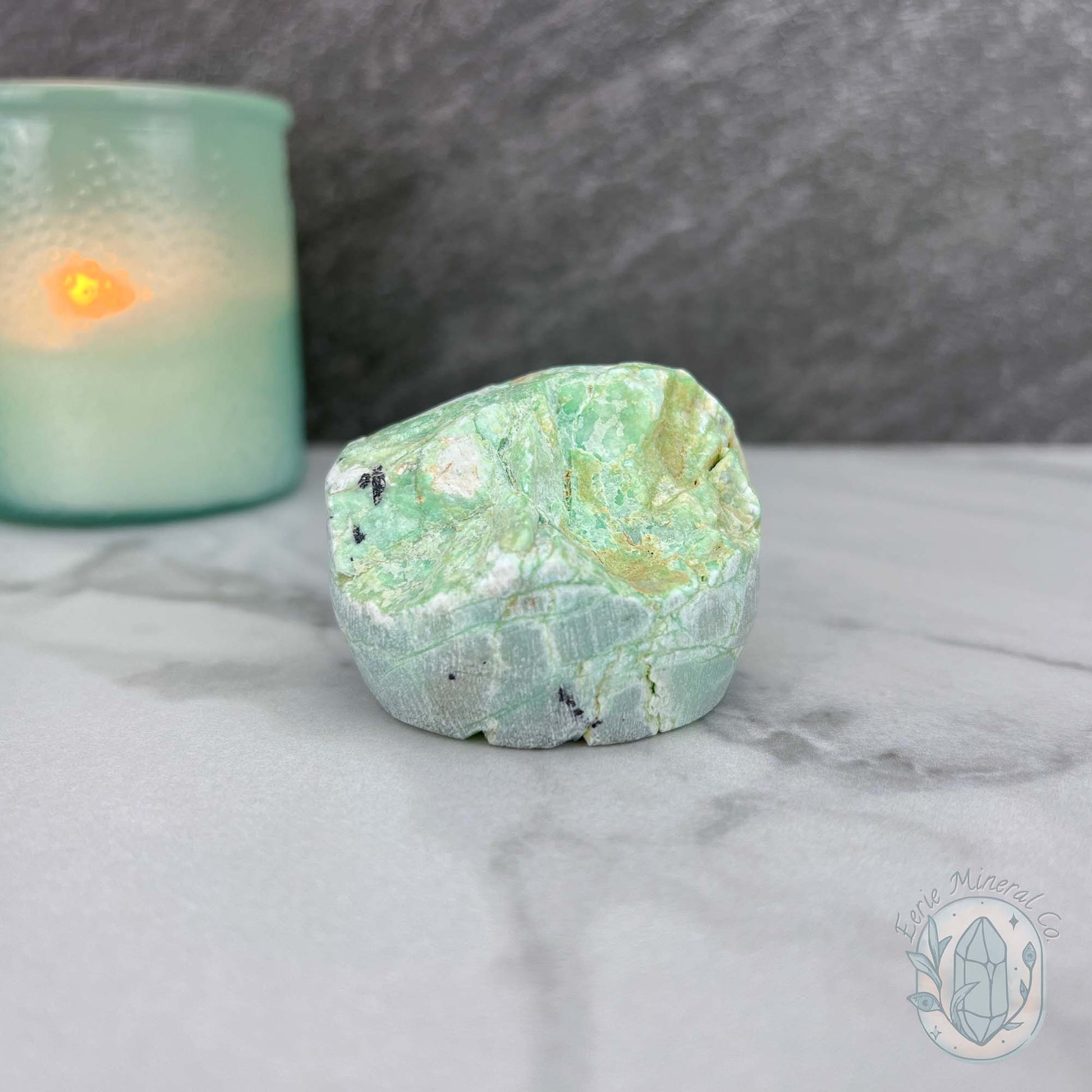 Green Moonstone with Black Tourmaline Hedgehog Specimen