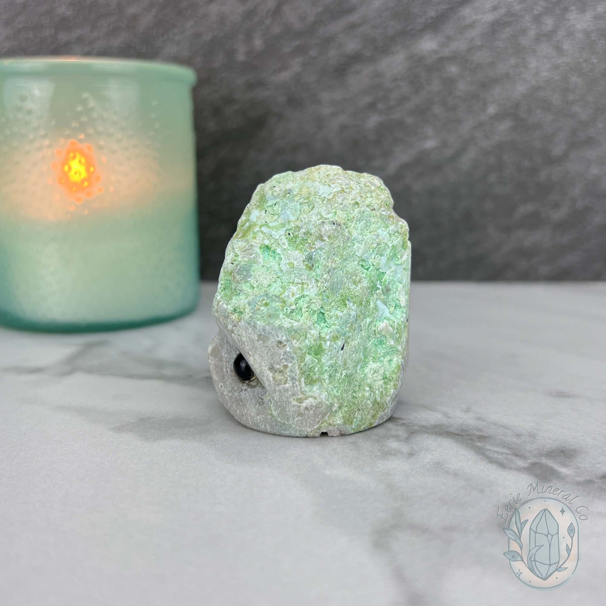 Green Moonstone with Black Tourmaline Hedgehog Specimen