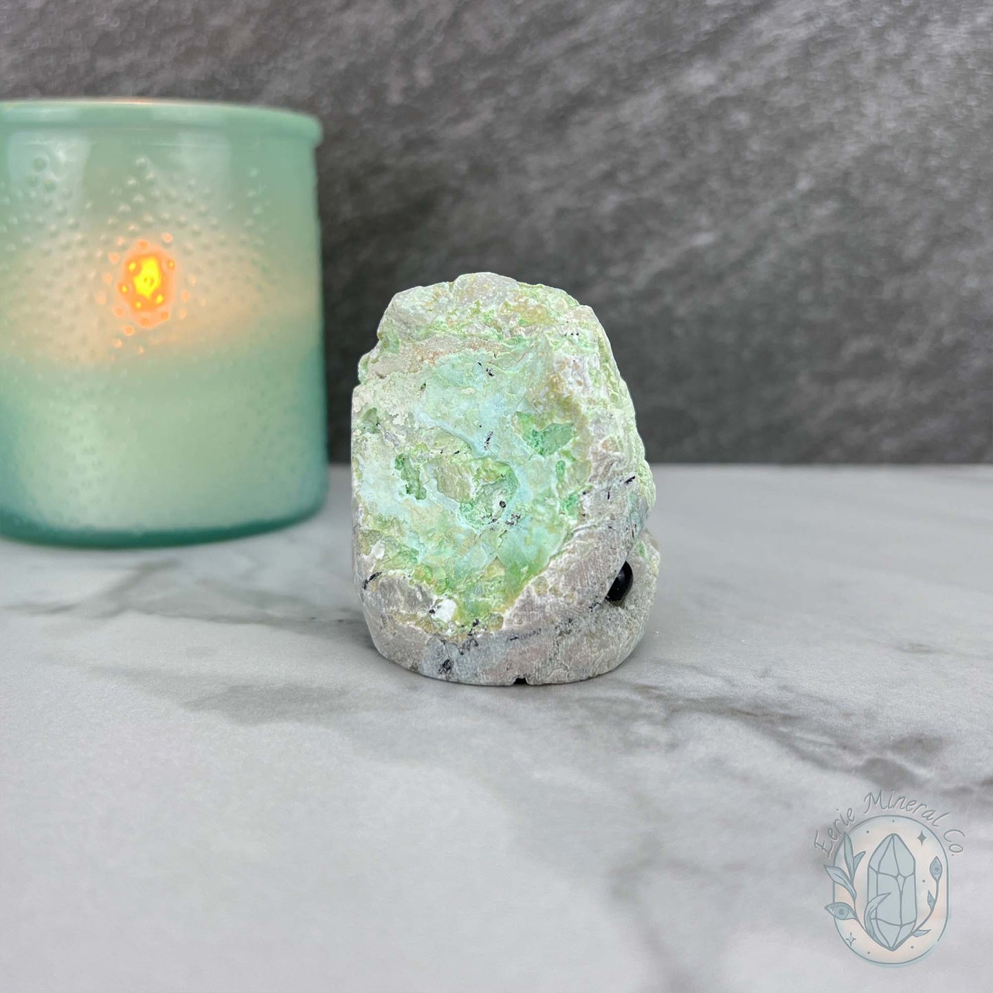 Green Moonstone with Black Tourmaline Hedgehog Specimen