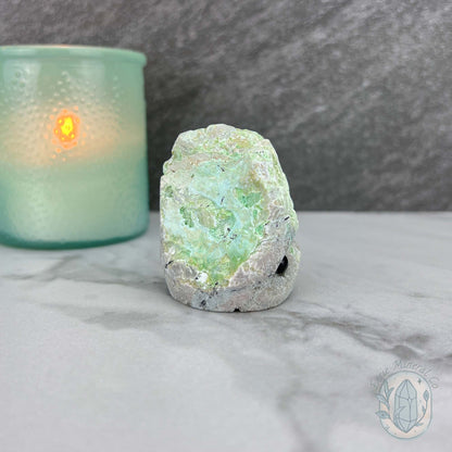 Green Moonstone with Black Tourmaline Hedgehog Specimen