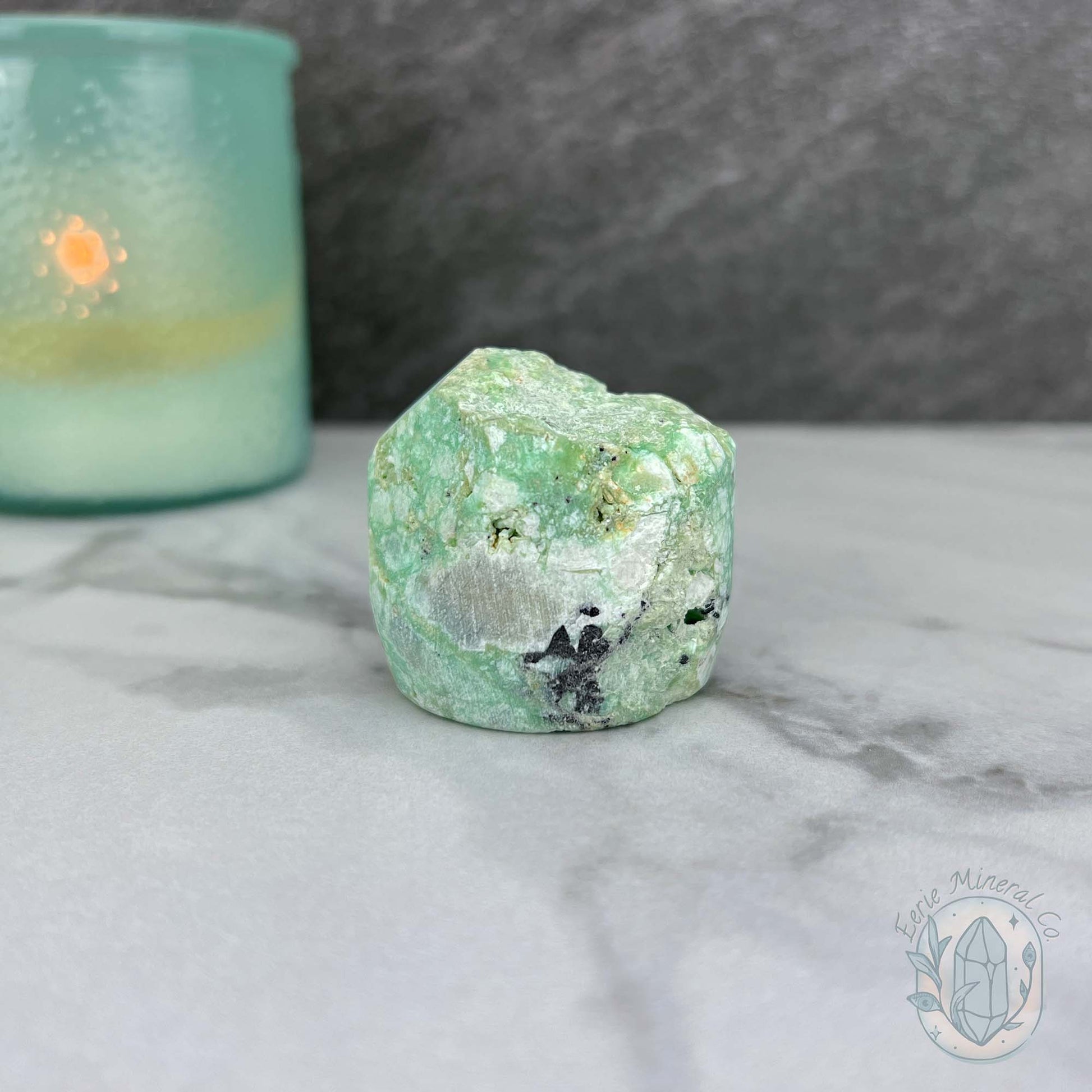 Green Moonstone with Black Tourmaline Hedgehog Specimen