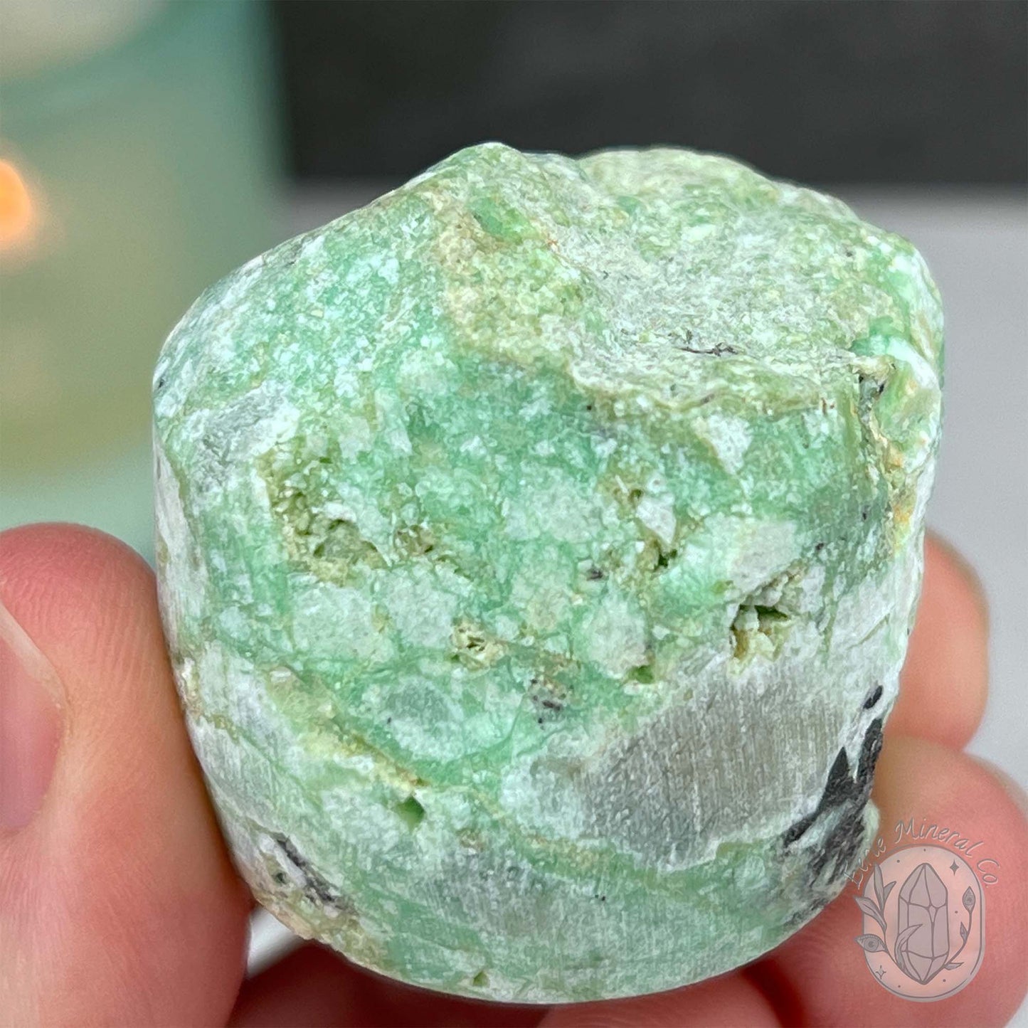 Green Moonstone with Black Tourmaline Hedgehog Specimen