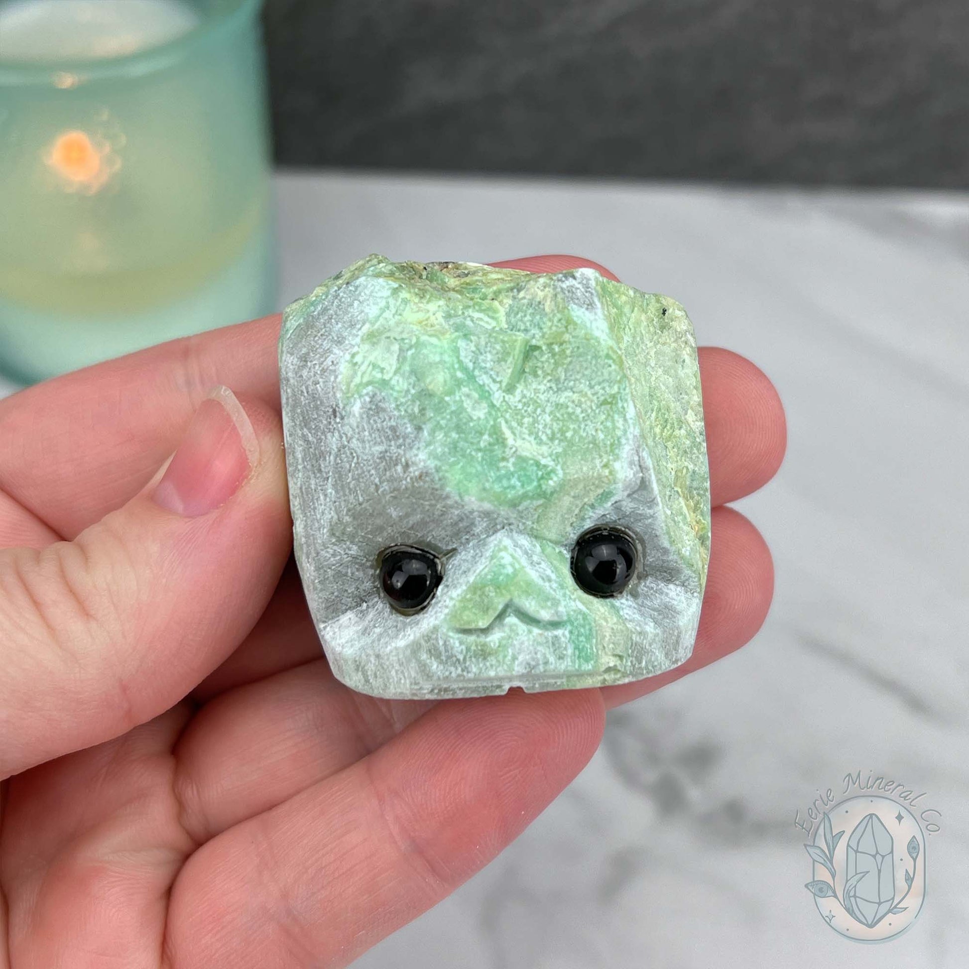 Green Moonstone with Black Tourmaline Hedgehog Specimen