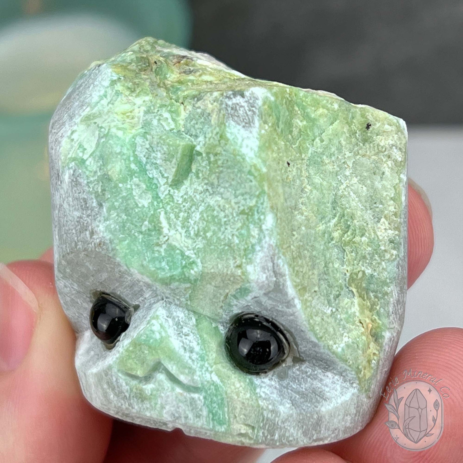 Green Moonstone with Black Tourmaline Hedgehog Specimen