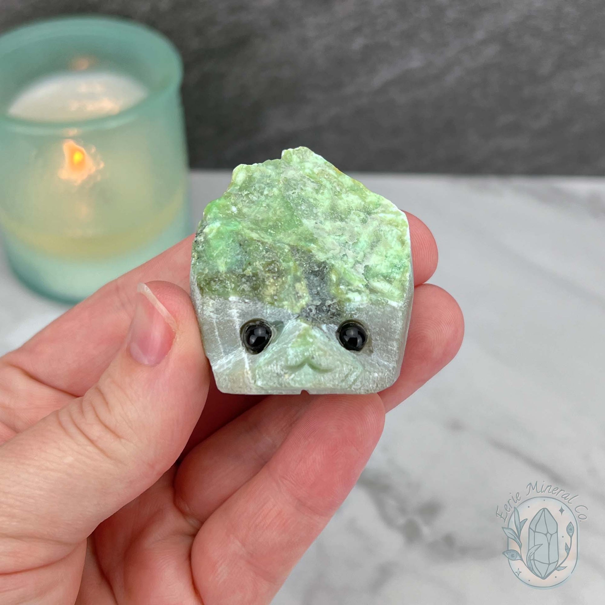 Green Moonstone with Black Tourmaline Hedgehog Specimen