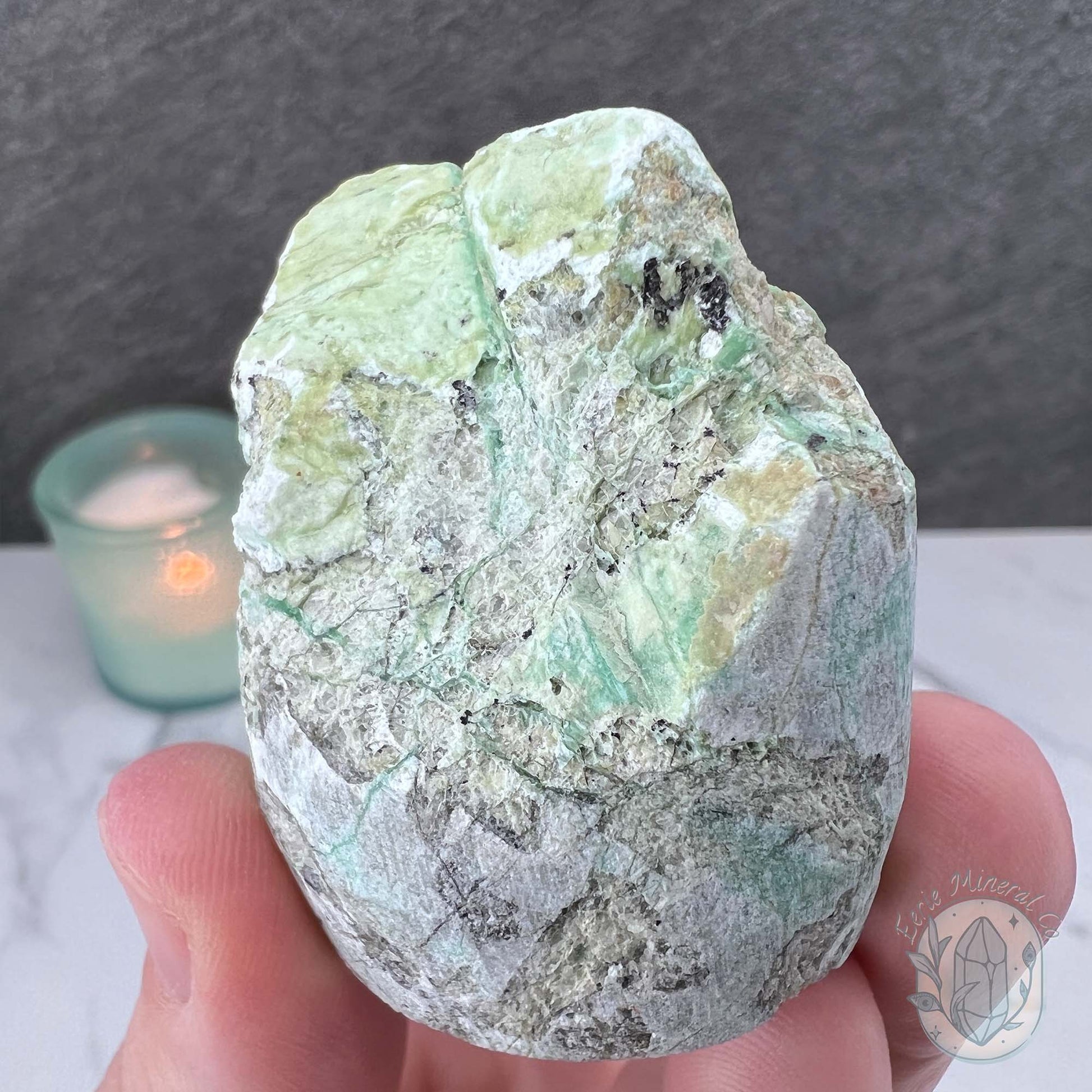 Green Moonstone with Black Tourmaline Hedgehog Specimen