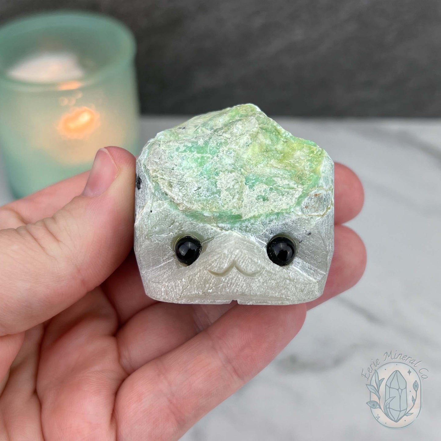 Green Moonstone with Black Tourmaline Hedgehog Specimen