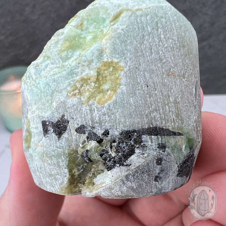 Green Moonstone with Black Tourmaline Hedgehog Specimen