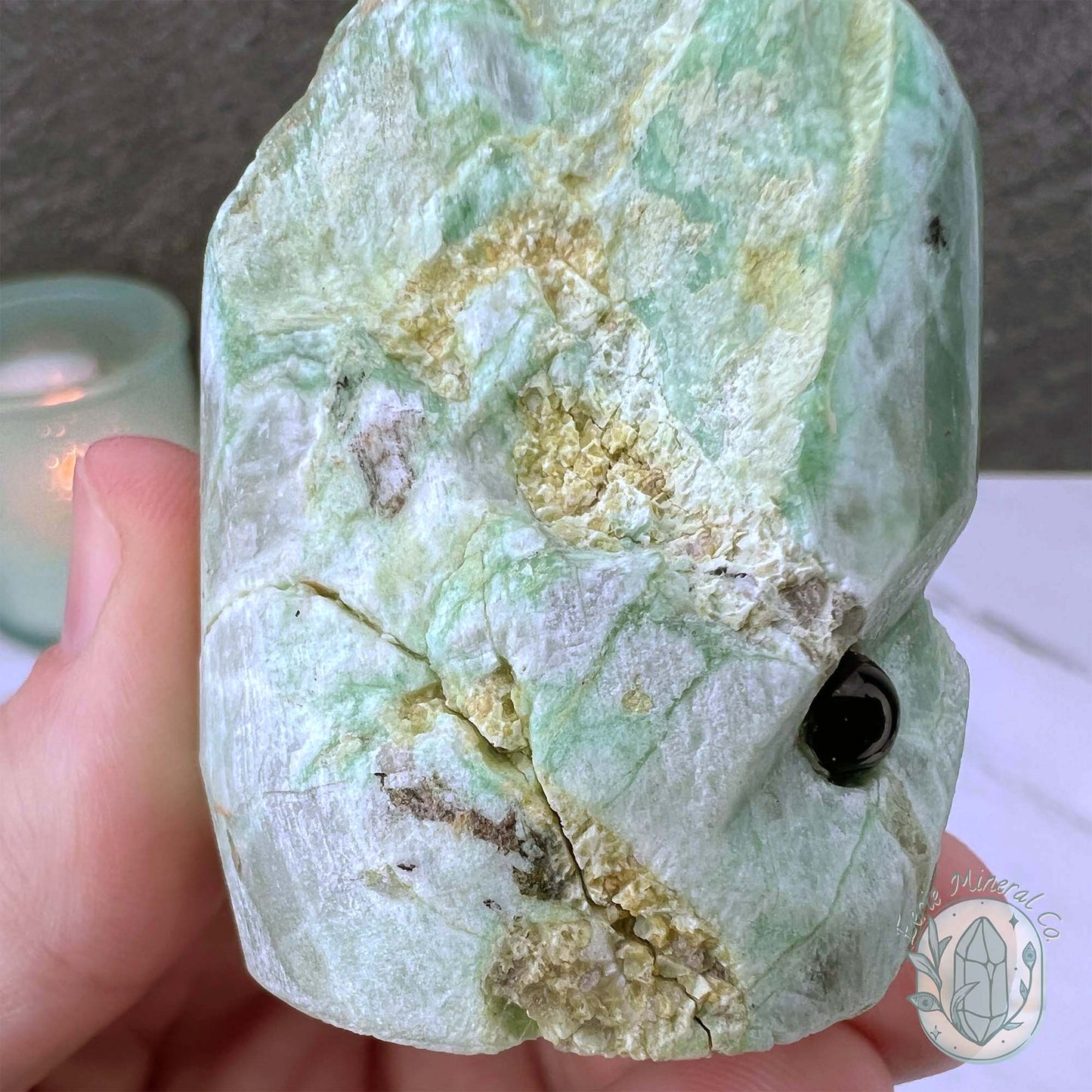 Green Moonstone with Black Tourmaline Hedgehog Specimen