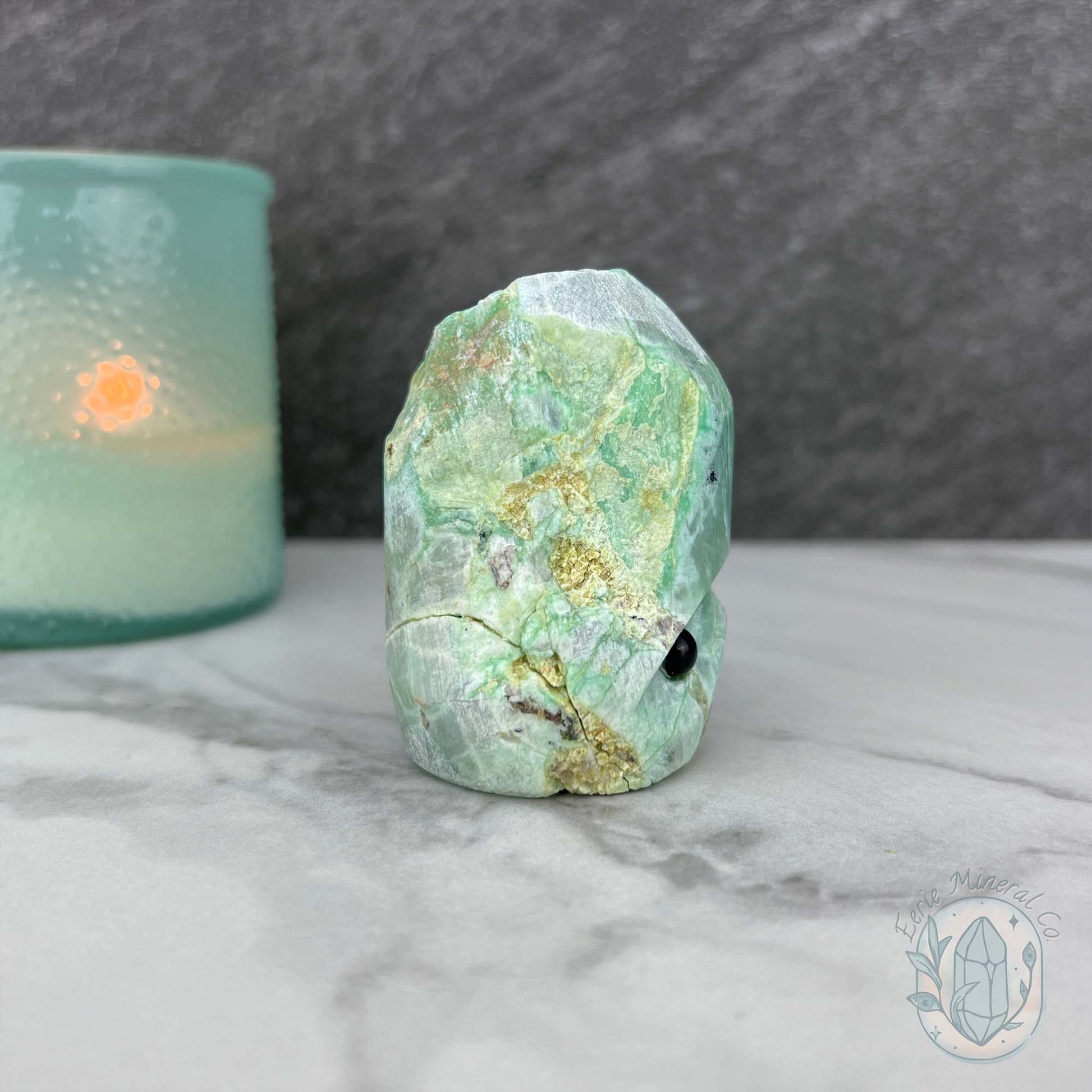 Green Moonstone with Black Tourmaline Hedgehog Specimen
