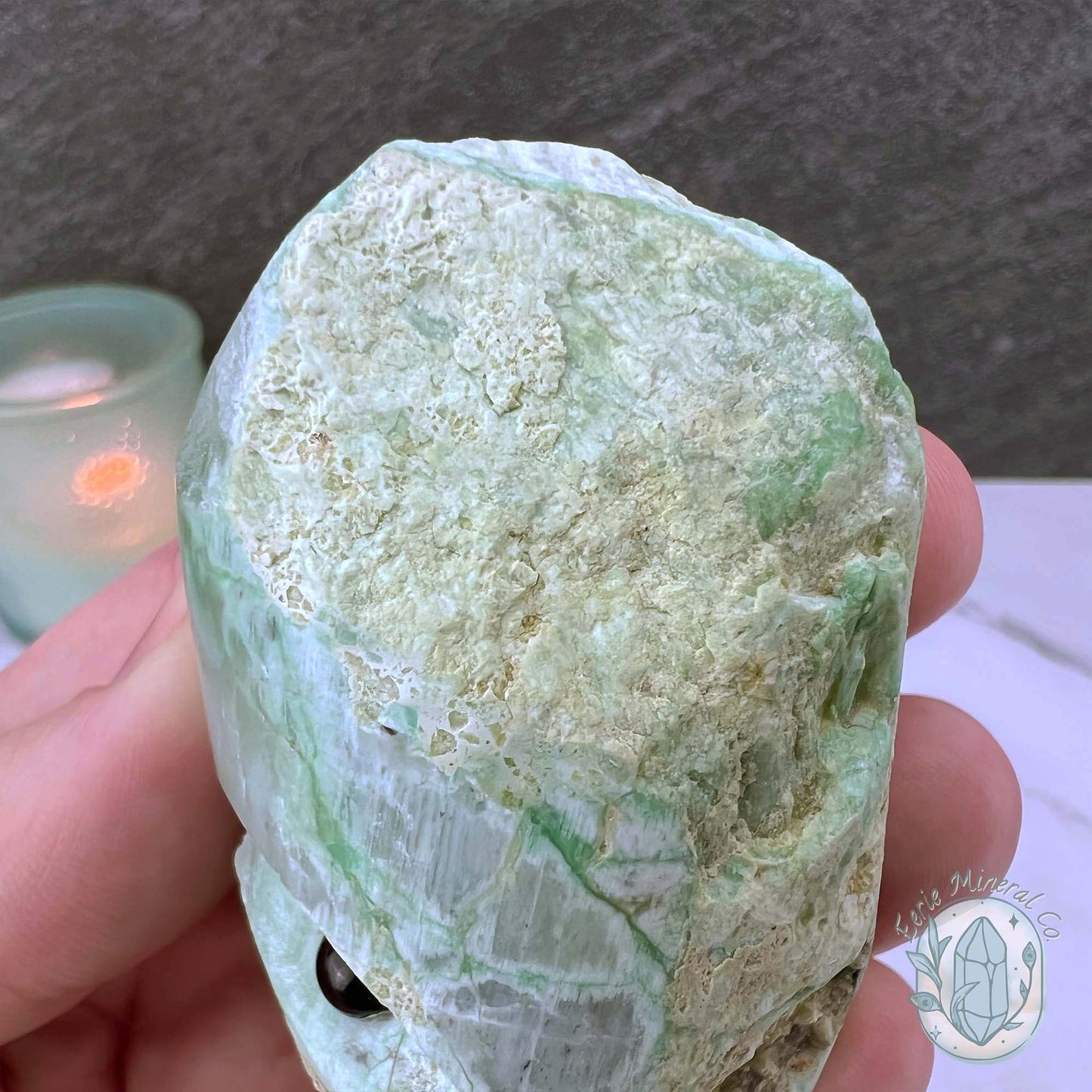 Green Moonstone with Black Tourmaline Hedgehog Specimen