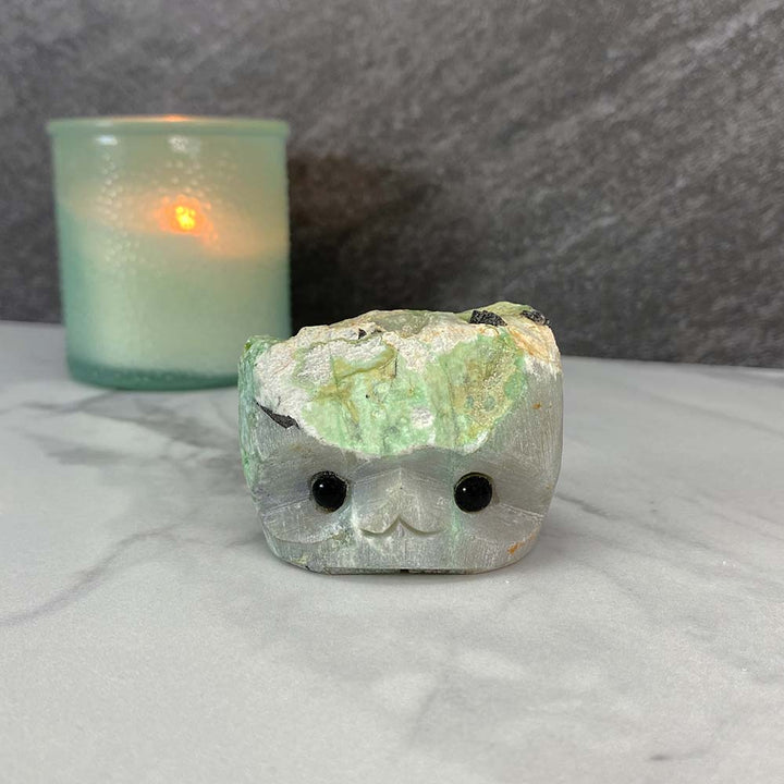 Green Moonstone with Black Tourmaline Hedgehog Carving