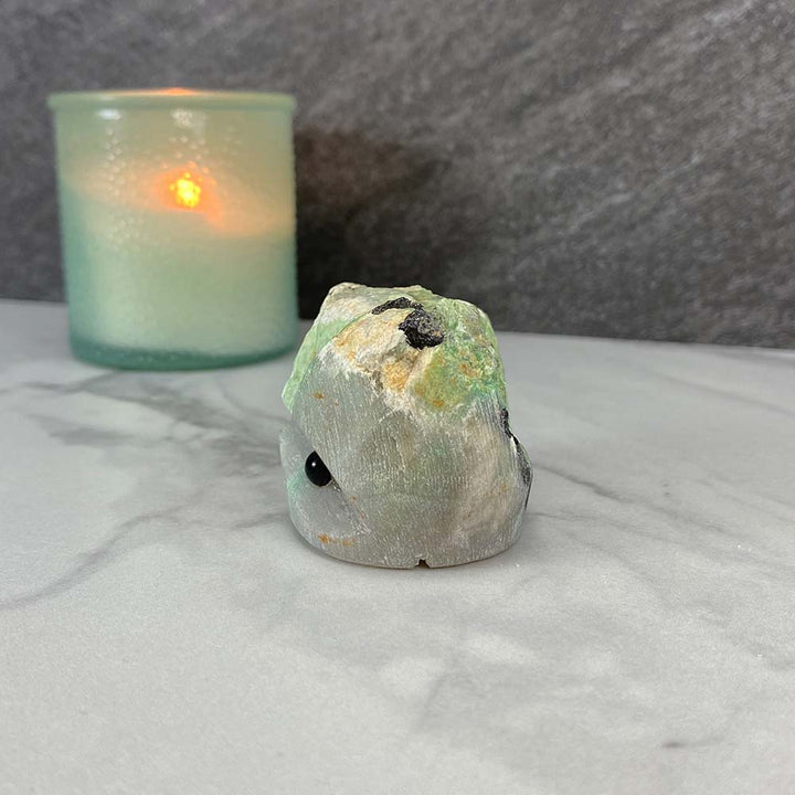 Green Moonstone with Black Tourmaline Hedgehog Carving