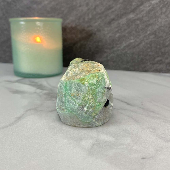 Green Moonstone with Black Tourmaline Hedgehog Carving