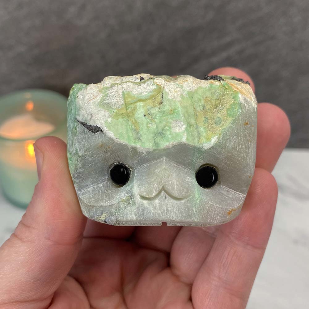 Green Moonstone with Black Tourmaline Hedgehog Carving