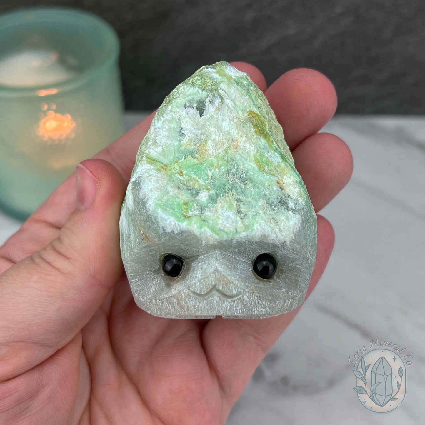 Green Moonstone with Black Tourmaline Hedgehog Specimen