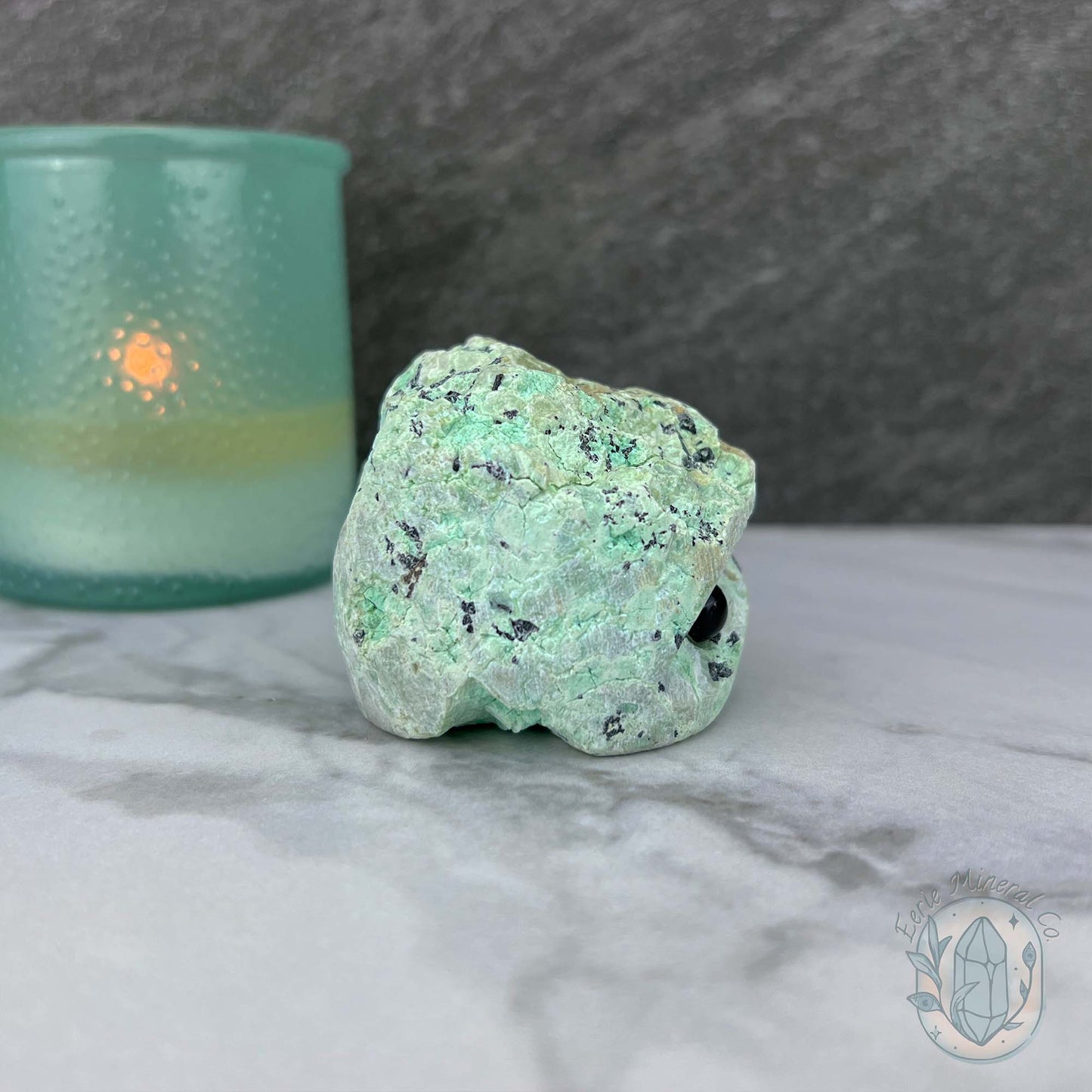Green Moonstone with Black Tourmaline Hedgehog Specimen