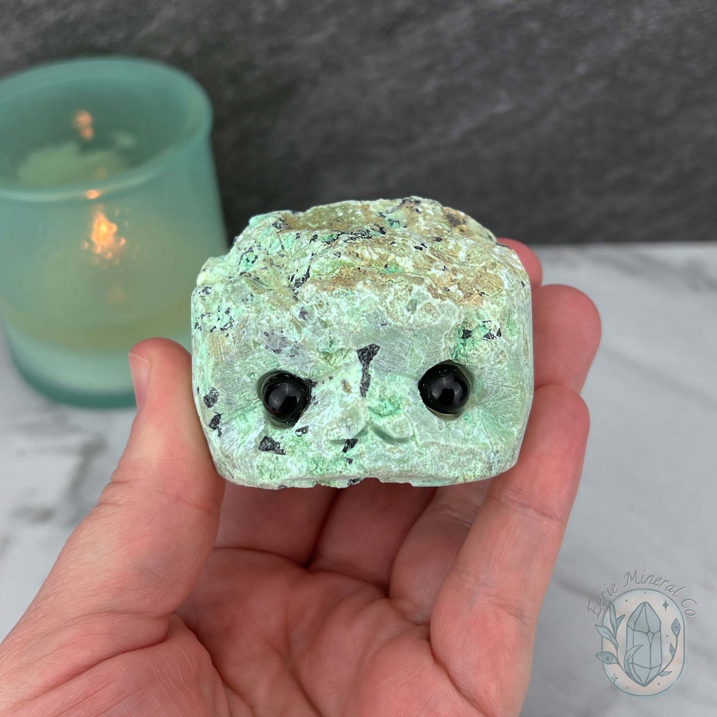 Green Moonstone with Black Tourmaline Hedgehog Specimen