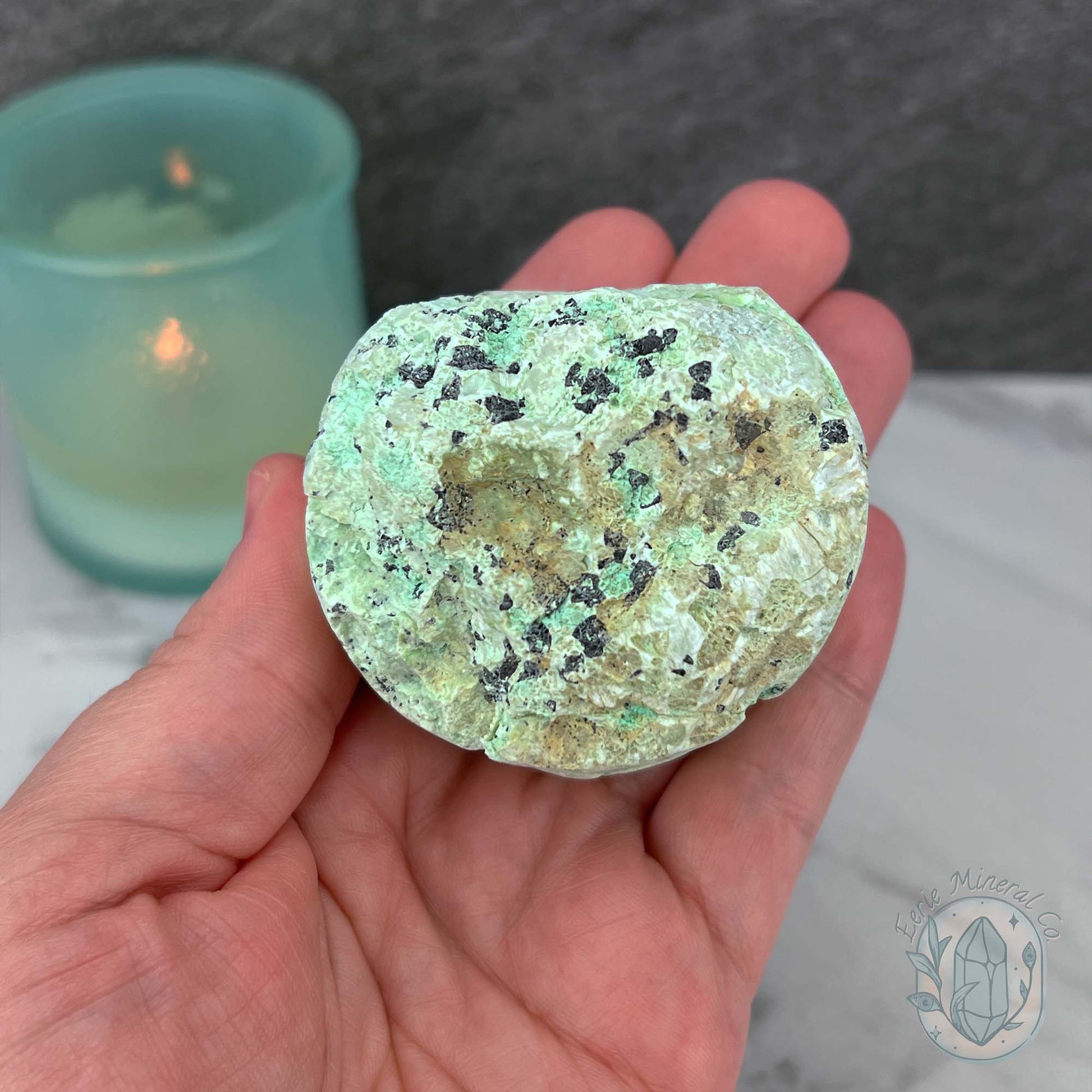 Green Moonstone with Black Tourmaline Hedgehog Specimen