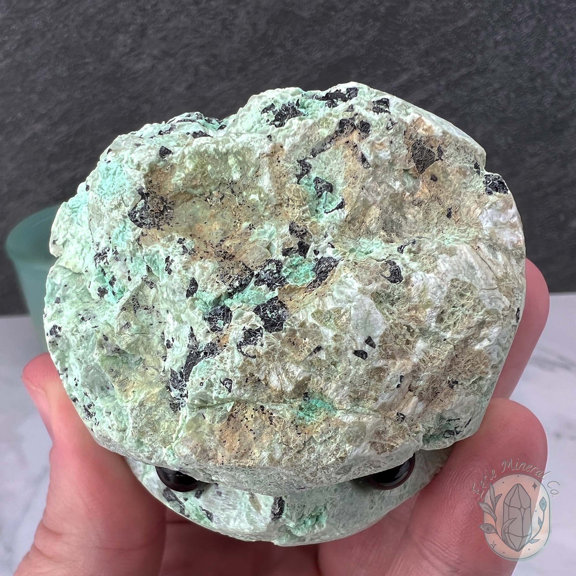 Green Moonstone with Black Tourmaline Hedgehog Specimen