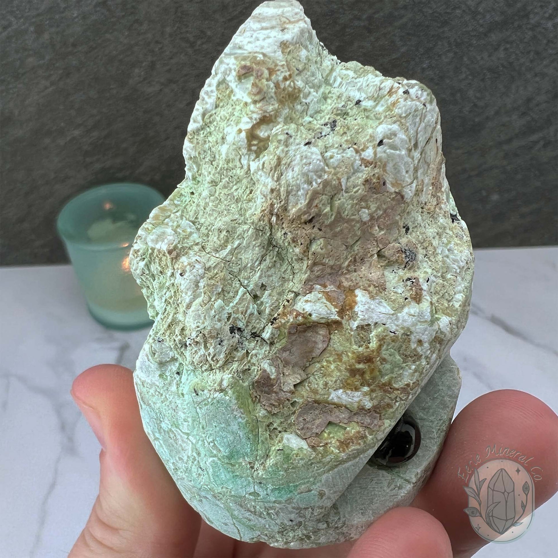 Green Moonstone with Black Tourmaline Hedgehog Specimen