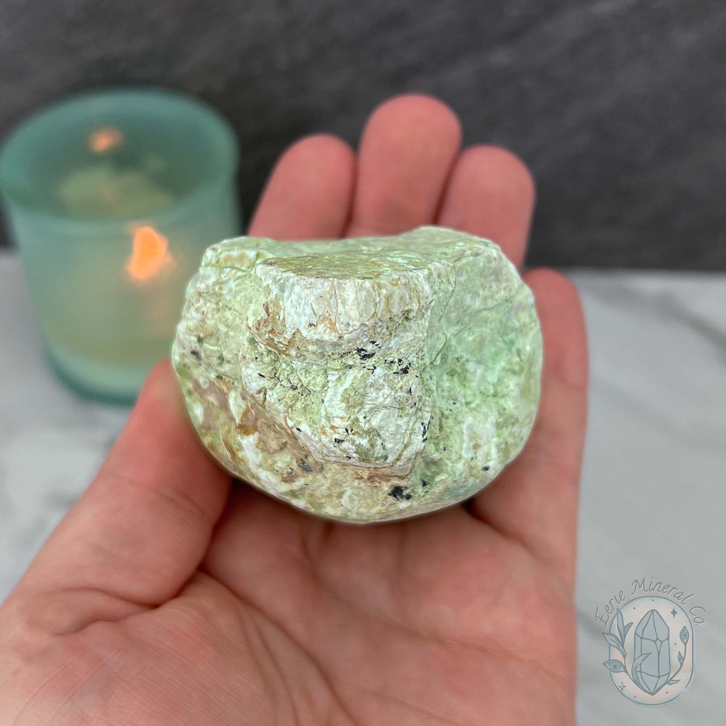 Green Moonstone with Black Tourmaline Hedgehog Specimen